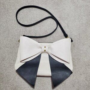 BETSEY JOHNSON Crossbody Bow Bag Purse Faux Leather Perforated Black White Gold